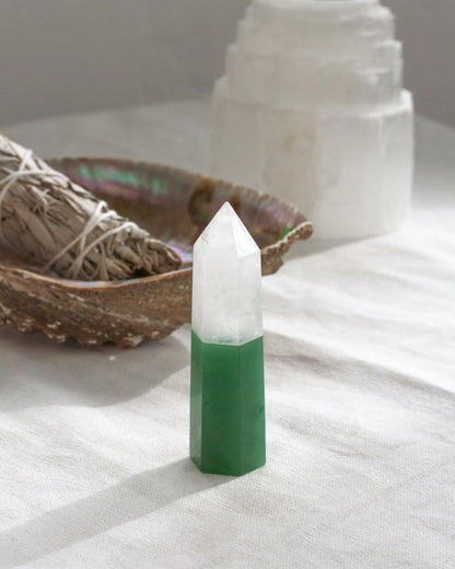 Dual Frequency Green Aventurine Clear Quartz Towe